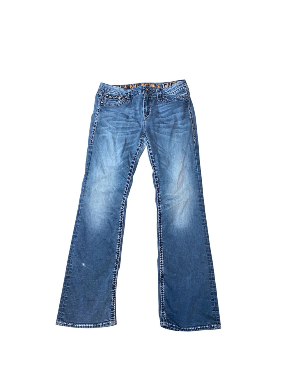 Rock Revival Women’s Victoria Bootcut Jeans Size 31 Repaired Patched Denim